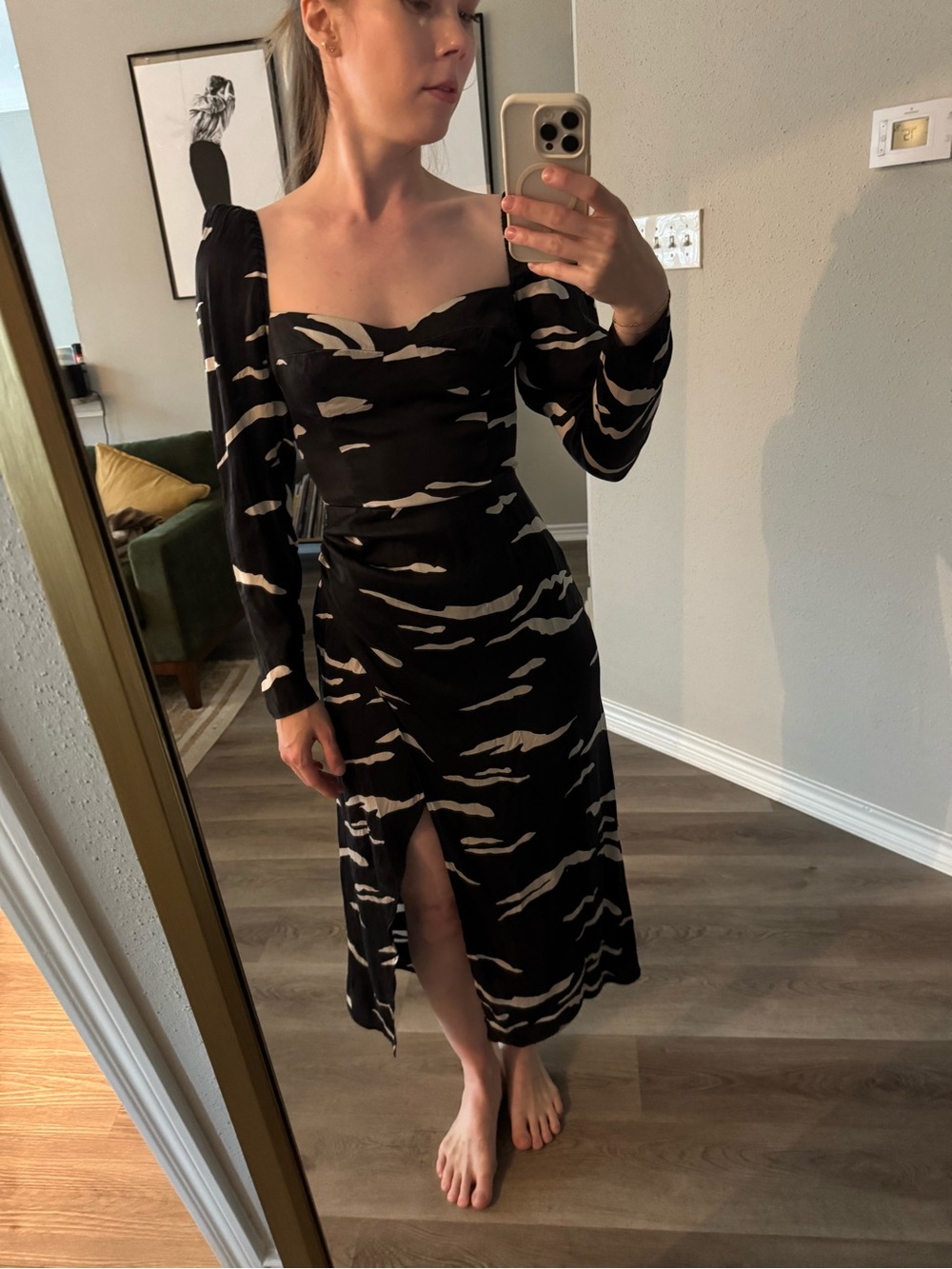 reformation black and white zebra midi dress with a slit size 2